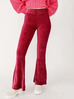 Free People So Charming Cranberry Velvet High Waisted Flare Leg Pants Medium